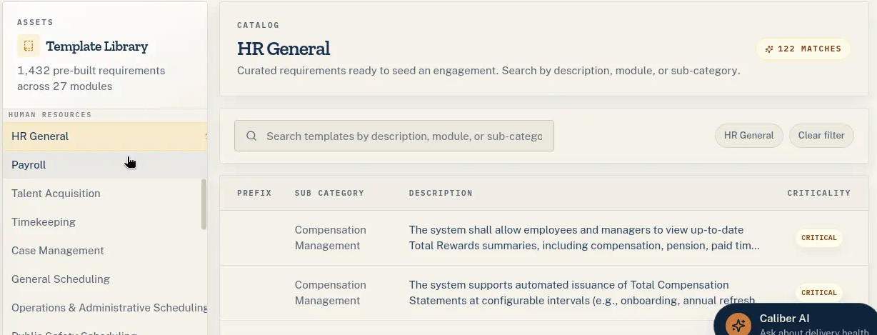 Caliber template library showing HR General requirements and the human resources module list