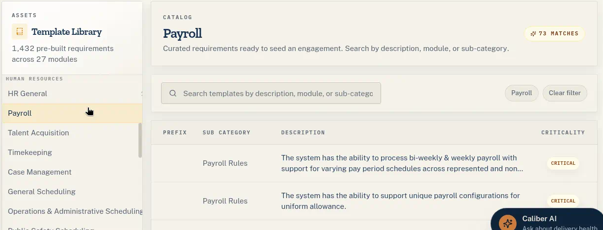 Caliber payroll requirements list with criticality ratings
