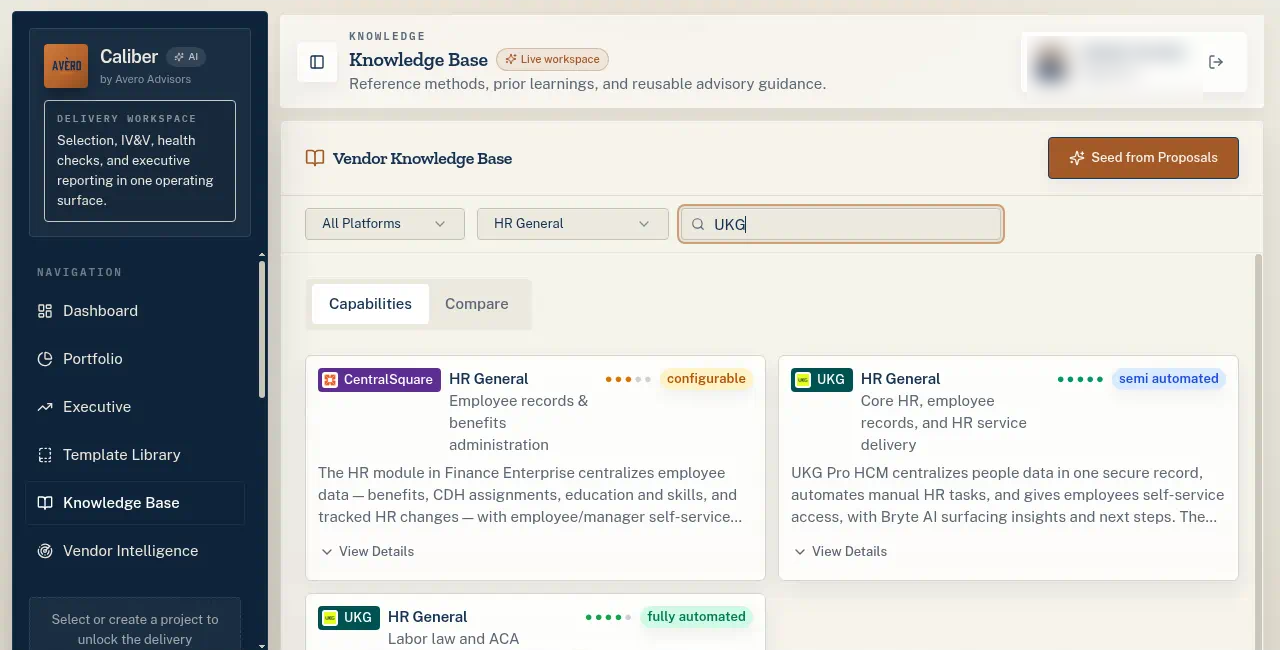 Caliber vendor knowledge base listing HCM products, with client names blurred
